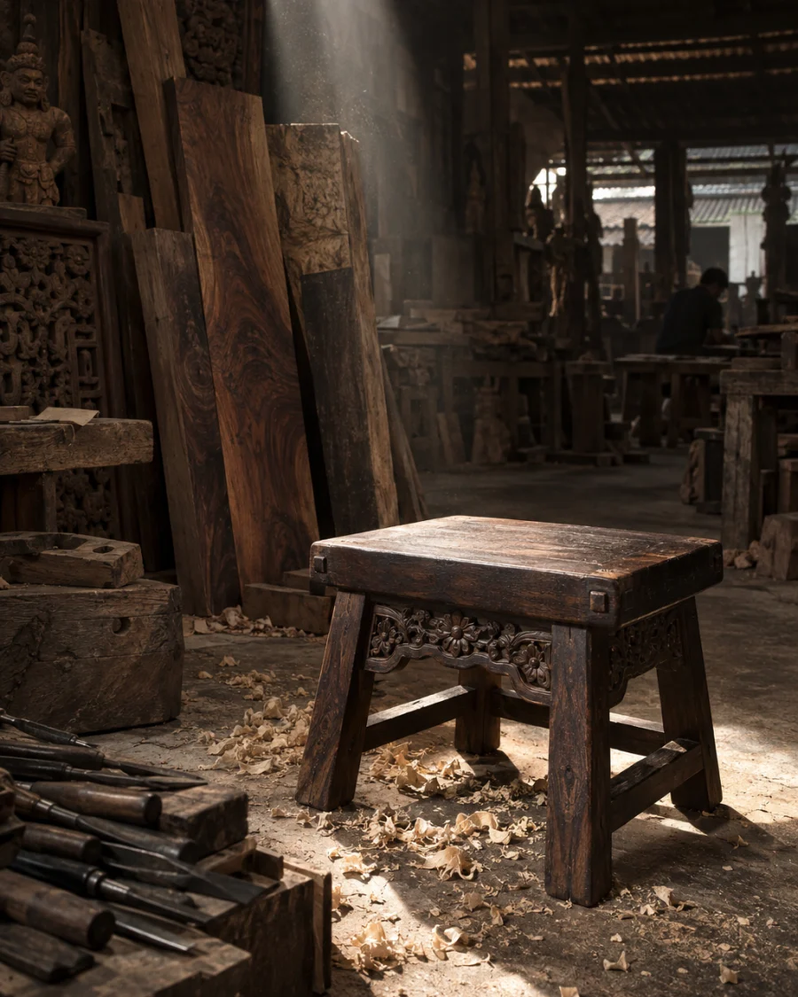 Low stool, carved ironwood: A low ironwood stool with a carved apron and pegged joints, oil-and-wax finish, standing in a shaft of workshop light, in a Đồng Kỵ carving workshop, ironwood and rosewood planks, chisels and shavings, oiled dark grain, timber-yard light, by Đồng Kỵ workshop