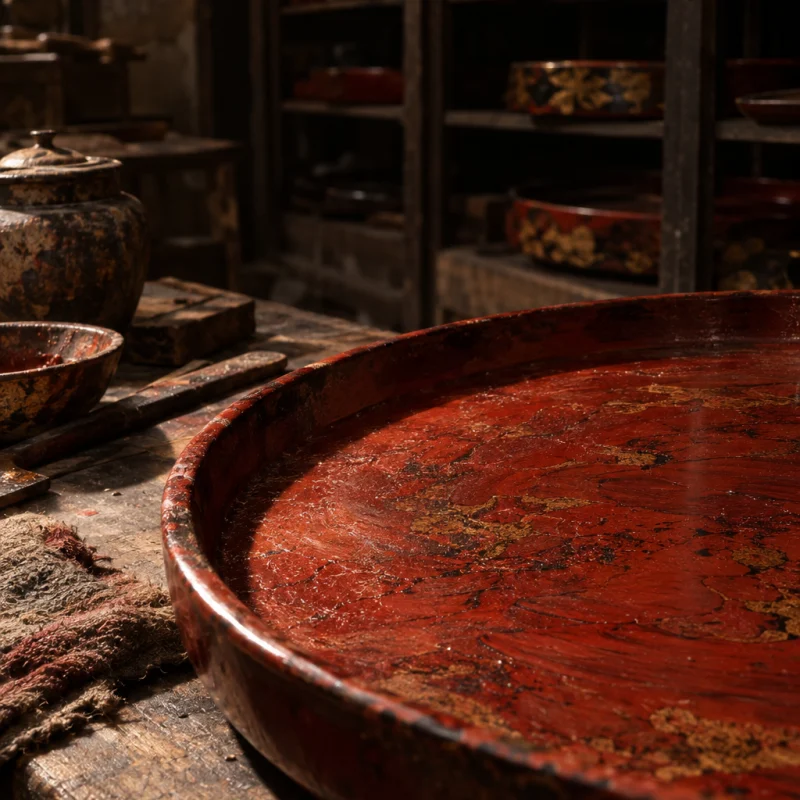 Low tray, red lacquer, macro of the cinnabar lacquer surface, depth and faint brush drift under the polish, in the Hạ Thái lacquer workshop, dark wooden drying cabinets behind, palette of brown-black, cinnabar and dull gold