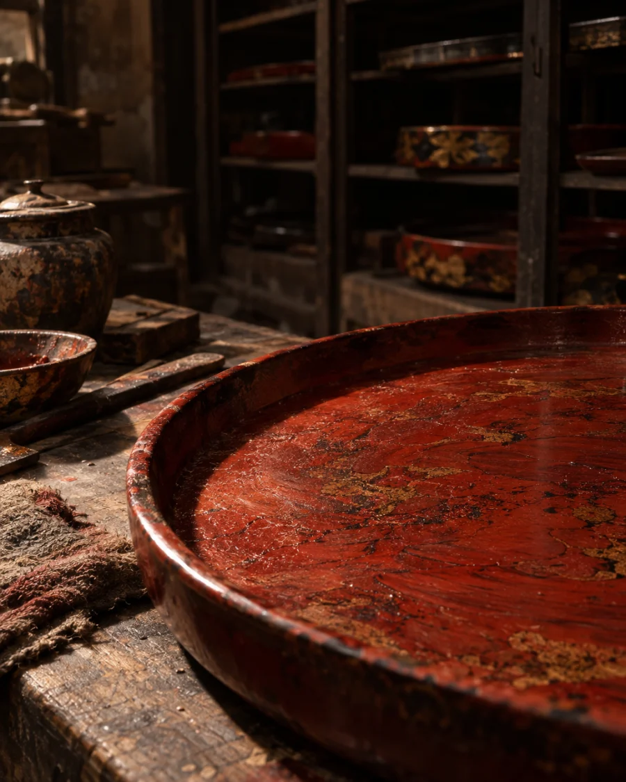 Low tray, red lacquer, macro of the cinnabar lacquer surface, depth and faint brush drift under the polish, in the Hạ Thái lacquer workshop, dark wooden drying cabinets behind, palette of brown-black, cinnabar and dull gold