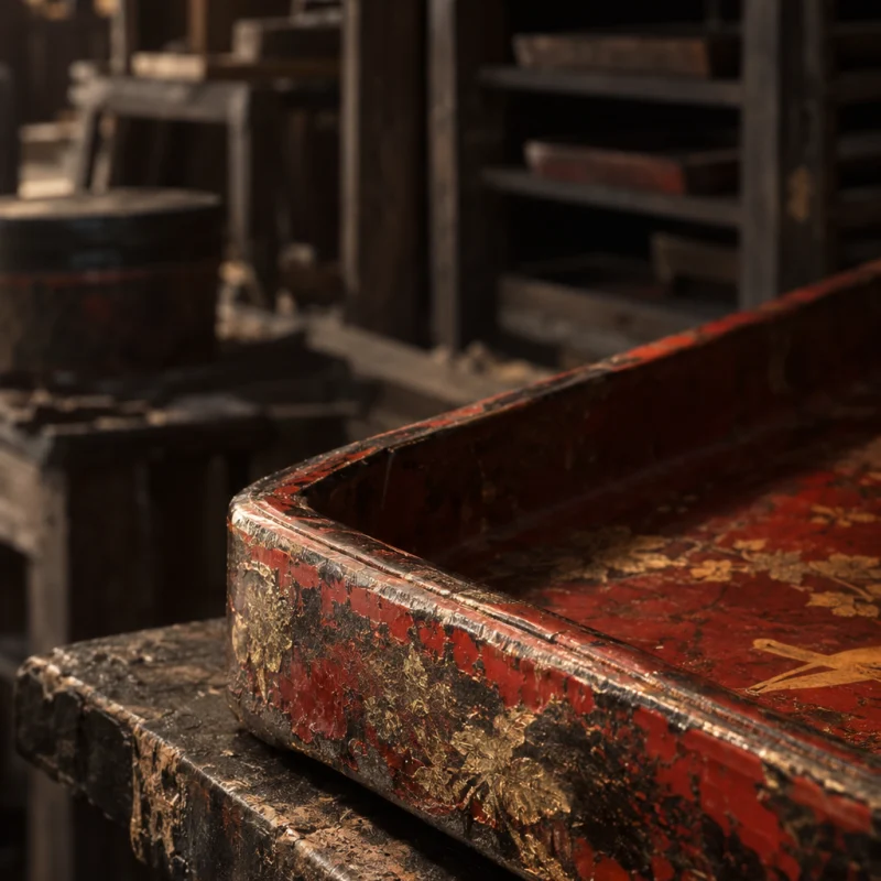 Low tray, red lacquer, close-up of the tray's lipped edge and the layered lacquer at the corner, in the Hạ Thái lacquer workshop, dark wooden drying cabinets behind, palette of brown-black, cinnabar and dull gold