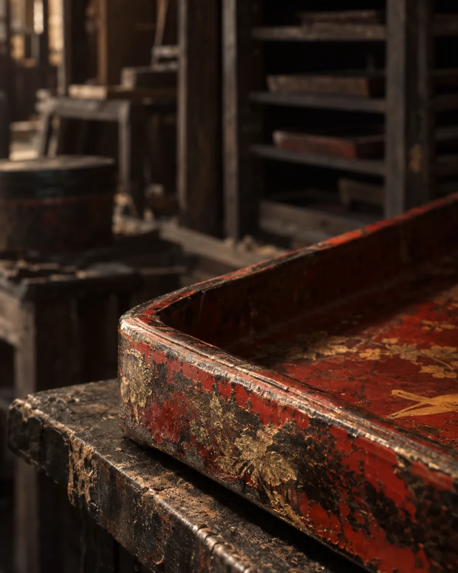 Low tray, red lacquer, close-up of the tray's lipped edge and the layered lacquer at the corner, in the Hạ Thái lacquer workshop, dark wooden drying cabinets behind, palette of brown-black, cinnabar and dull gold