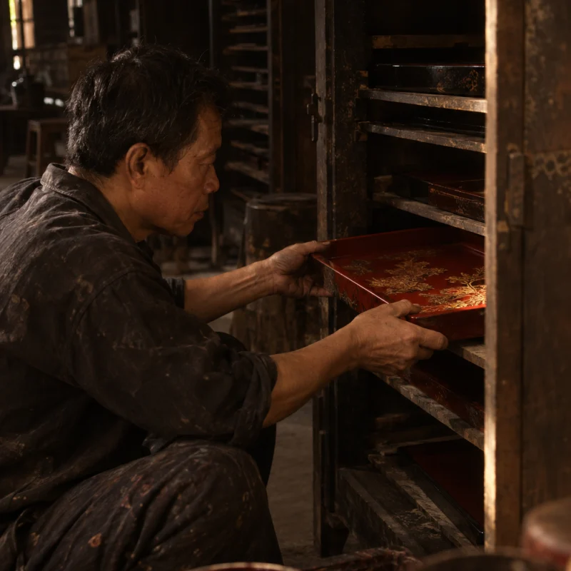 Low tray, red lacquer, the piece inside the dark wooden drying cabinet, door half open, in the Hạ Thái lacquer workshop, dark wooden drying cabinets behind, palette of brown-black, cinnabar and dull gold
