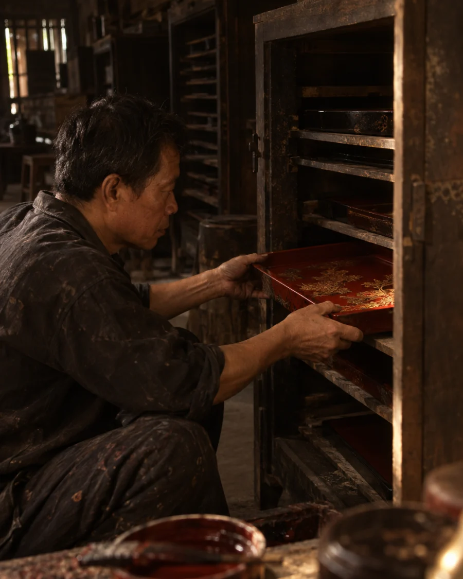 Low tray, red lacquer, the piece inside the dark wooden drying cabinet, door half open, in the Hạ Thái lacquer workshop, dark wooden drying cabinets behind, palette of brown-black, cinnabar and dull gold