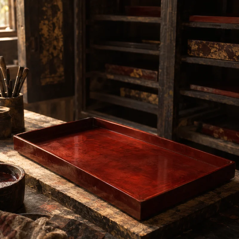 Low tray, red lacquer: A low rectangular tray in deep cinnabar-red natural lacquer, polished to a soft gloss, on a jackfruit-wood board, resting on a dark workbench, in the Hạ Thái lacquer workshop, dark wooden drying cabinets behind, palette of brown-black, cinnabar and dull gold, by Nguyễn Văn Thái