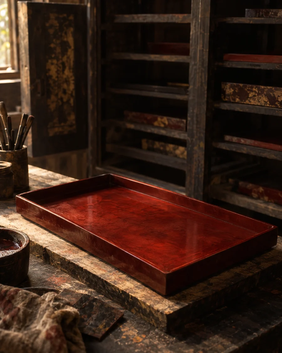 Low tray, red lacquer: A low rectangular tray in deep cinnabar-red natural lacquer, polished to a soft gloss, on a jackfruit-wood board, resting on a dark workbench, in the Hạ Thái lacquer workshop, dark wooden drying cabinets behind, palette of brown-black, cinnabar and dull gold, by Nguyễn Văn Thái