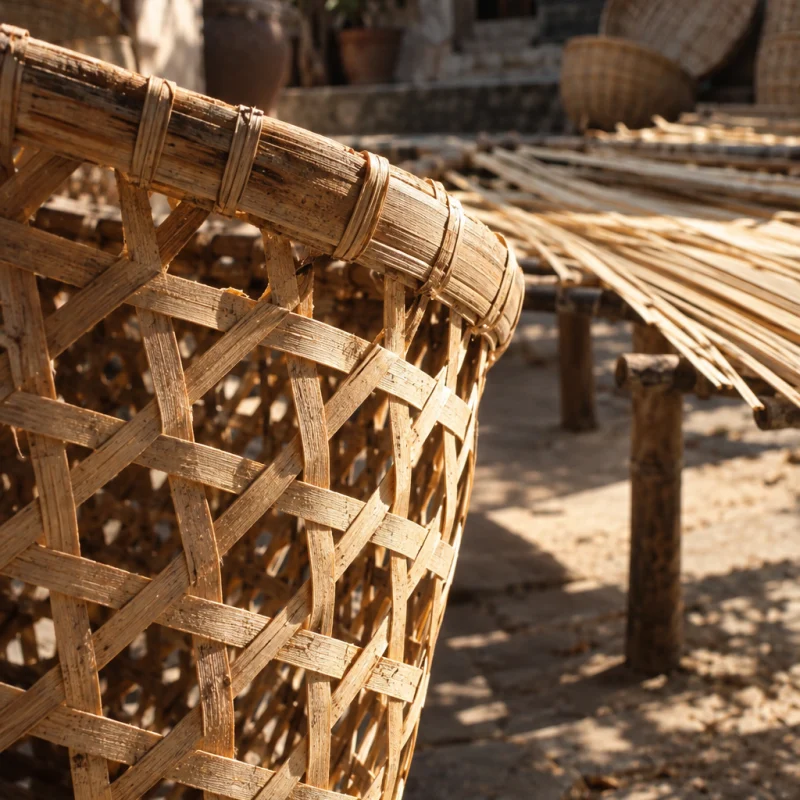 Market basket, open weave, macro of the open hexagonal weave, light passing through, in a Phú Vinh courtyard, split rattan cane drying on bamboo racks, pale straw and honey tones, whitewashed wall, dappled sun