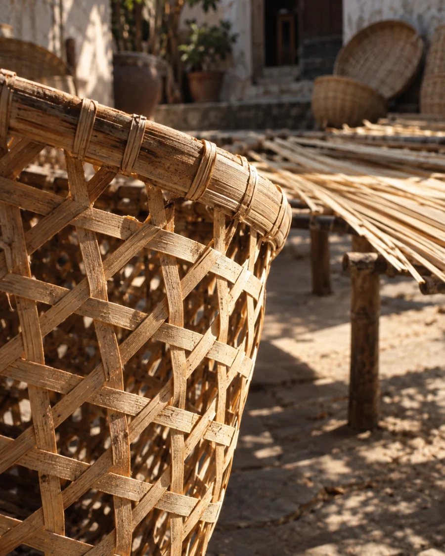 Market basket, open weave, macro of the open hexagonal weave, light passing through, in a Phú Vinh courtyard, split rattan cane drying on bamboo racks, pale straw and honey tones, whitewashed wall, dappled sun