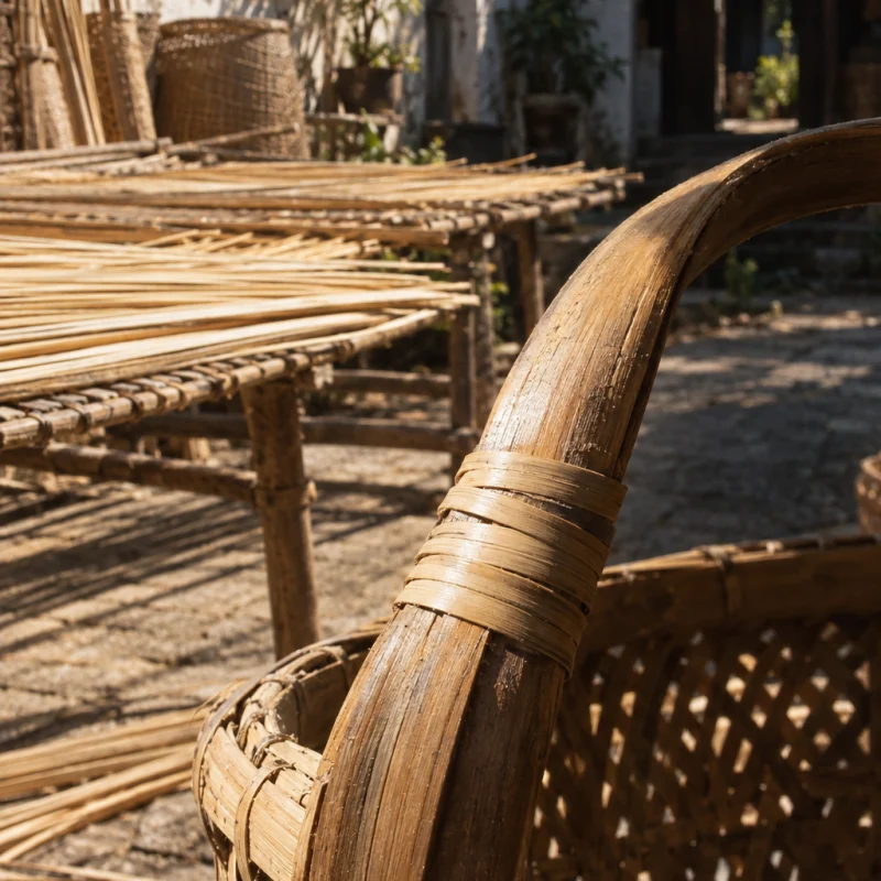 Market basket, open weave, close-up of the bent bamboo handle lashed with cane, in a Phú Vinh courtyard, split rattan cane drying on bamboo racks, pale straw and honey tones, whitewashed wall, dappled sun