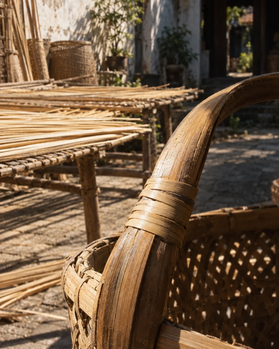 Market basket, open weave, close-up of the bent bamboo handle lashed with cane, in a Phú Vinh courtyard, split rattan cane drying on bamboo racks, pale straw and honey tones, whitewashed wall, dappled sun