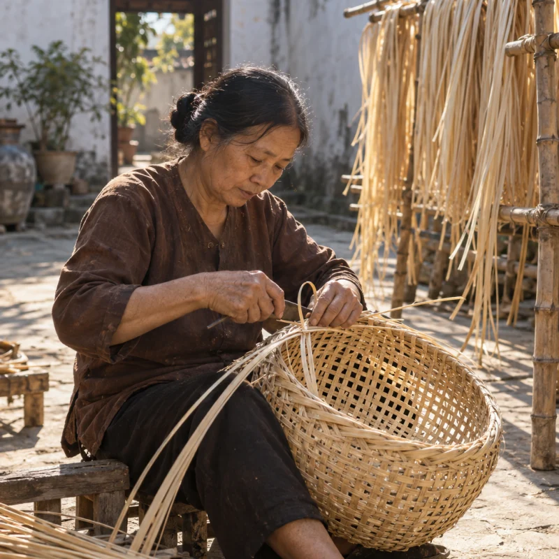 Market basket, open weave, split cane drying on bamboo racks beside the piece, pale and honey tones, in a Phú Vinh courtyard, split rattan cane drying on bamboo racks, pale straw and honey tones, whitewashed wall, dappled sun