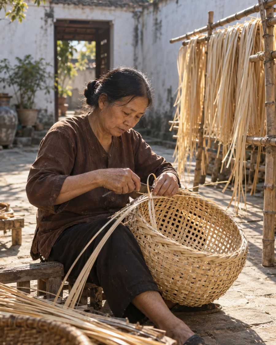 Market basket, open weave, split cane drying on bamboo racks beside the piece, pale and honey tones, in a Phú Vinh courtyard, split rattan cane drying on bamboo racks, pale straw and honey tones, whitewashed wall, dappled sun