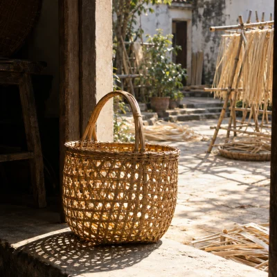 Market basket, open weave: An open-weave rattan market basket with a bent bamboo handle, honey-coloured cane, standing in a sunlit doorway, in a Phú Vinh courtyard, split rattan cane drying on bamboo racks, pale straw and honey tones, whitewashed wall, dappled sun, by Nguyễn Thị Lan