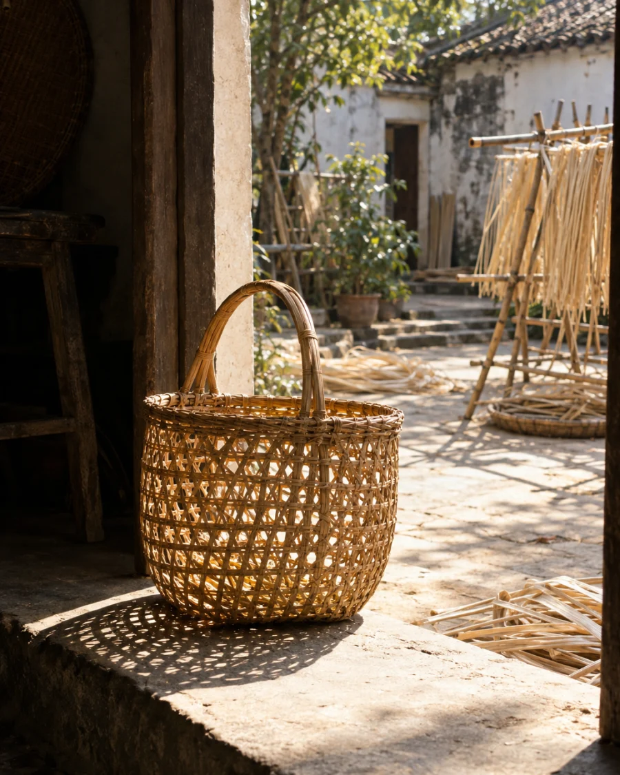 Market basket, open weave: An open-weave rattan market basket with a bent bamboo handle, honey-coloured cane, standing in a sunlit doorway, in a Phú Vinh courtyard, split rattan cane drying on bamboo racks, pale straw and honey tones, whitewashed wall, dappled sun, by Nguyễn Thị Lan