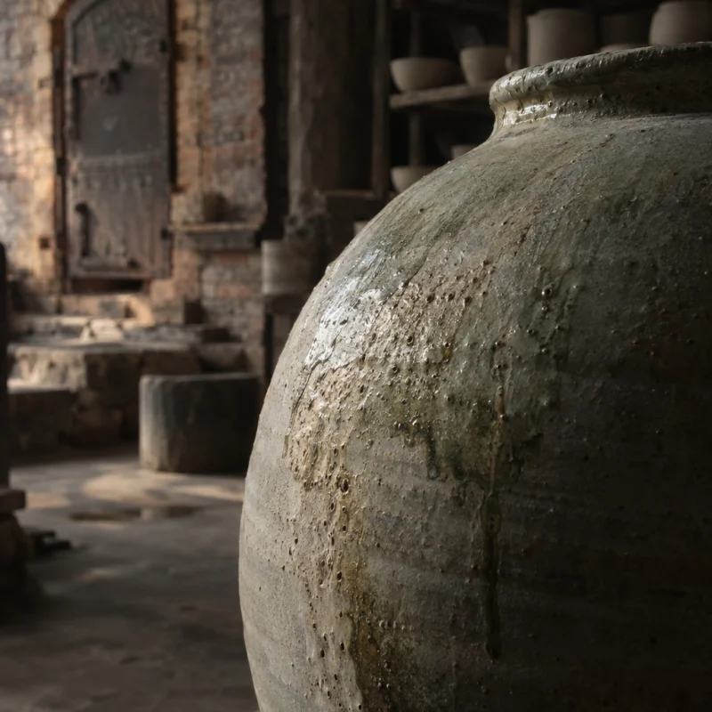 Moon jar, ash glaze, close-up of the side where ash settled thickest, grey-green run of glaze, in a Bát Tràng pottery workshop, brick kiln door and shelves of bisque ware behind, sage greens and warm greys