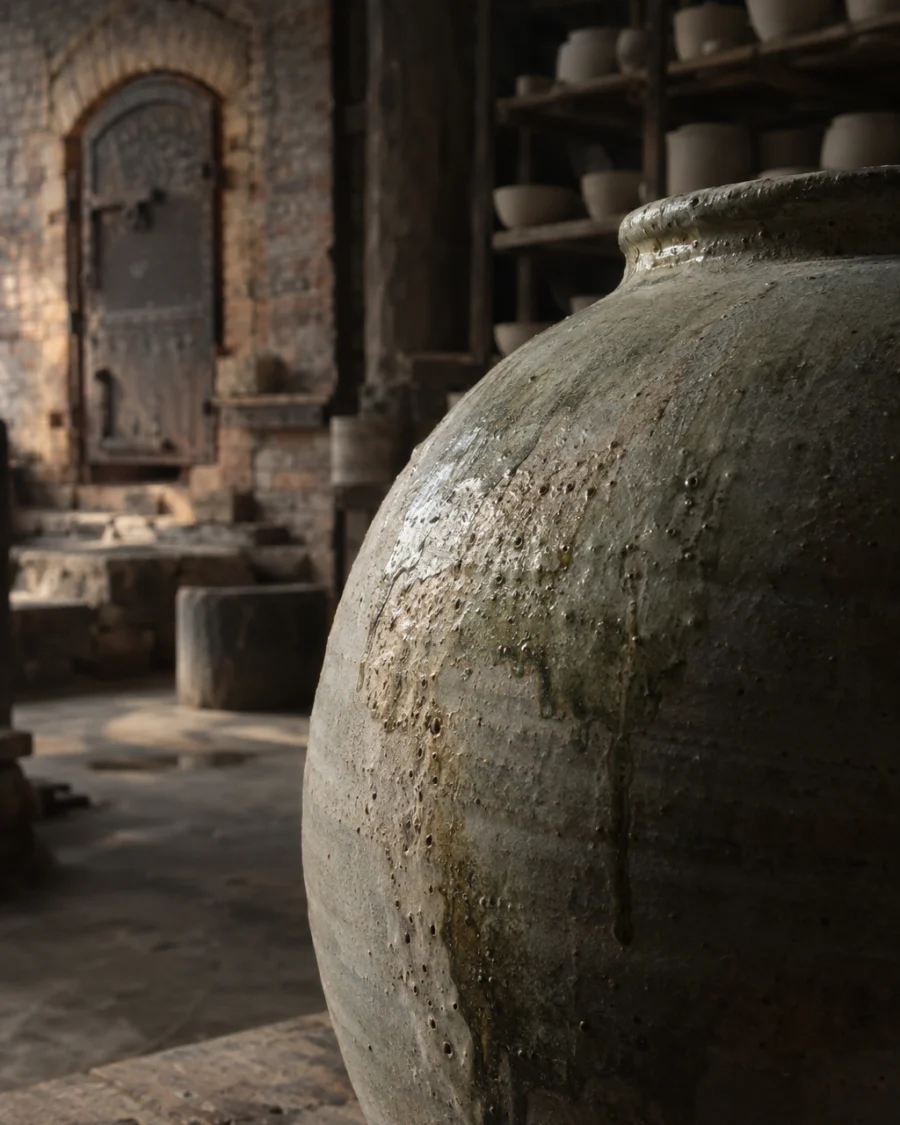 Moon jar, ash glaze, close-up of the side where ash settled thickest, grey-green run of glaze, in a Bát Tràng pottery workshop, brick kiln door and shelves of bisque ware behind, sage greens and warm greys