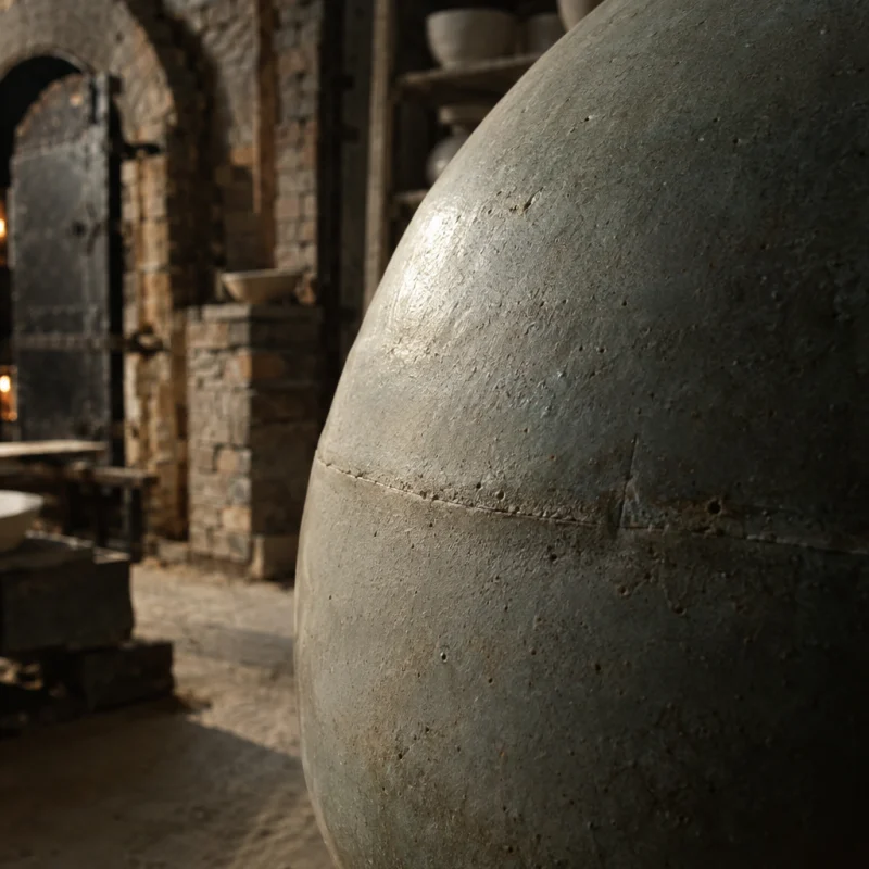 Moon jar, ash glaze, close-up of the faint seam where the two thrown halves meet, in a Bát Tràng pottery workshop, brick kiln door and shelves of bisque ware behind, sage greens and warm greys