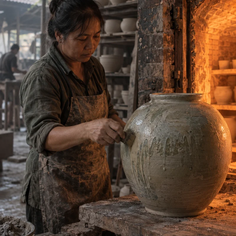 Moon jar, ash glaze, the piece on a board by the open brick kiln door, ash and brick behind, in a Bát Tràng pottery workshop, brick kiln door and shelves of bisque ware behind, sage greens and warm greys