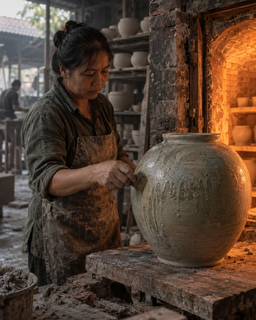 Moon jar, ash glaze, the piece on a board by the open brick kiln door, ash and brick behind, in a Bát Tràng pottery workshop, brick kiln door and shelves of bisque ware behind, sage greens and warm greys