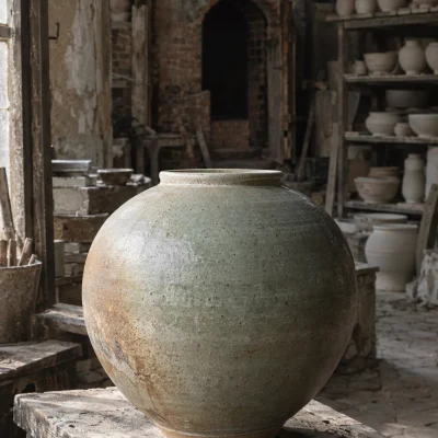 Moon jar, ash glaze: A round moon jar in rice-straw ash glaze, white river clay, soft grey-green with a warm flashed side, on a plank in morning light, in a Bát Tràng pottery workshop, brick kiln door and shelves of bisque ware behind, sage greens and warm greys, by Phạm Văn Đức