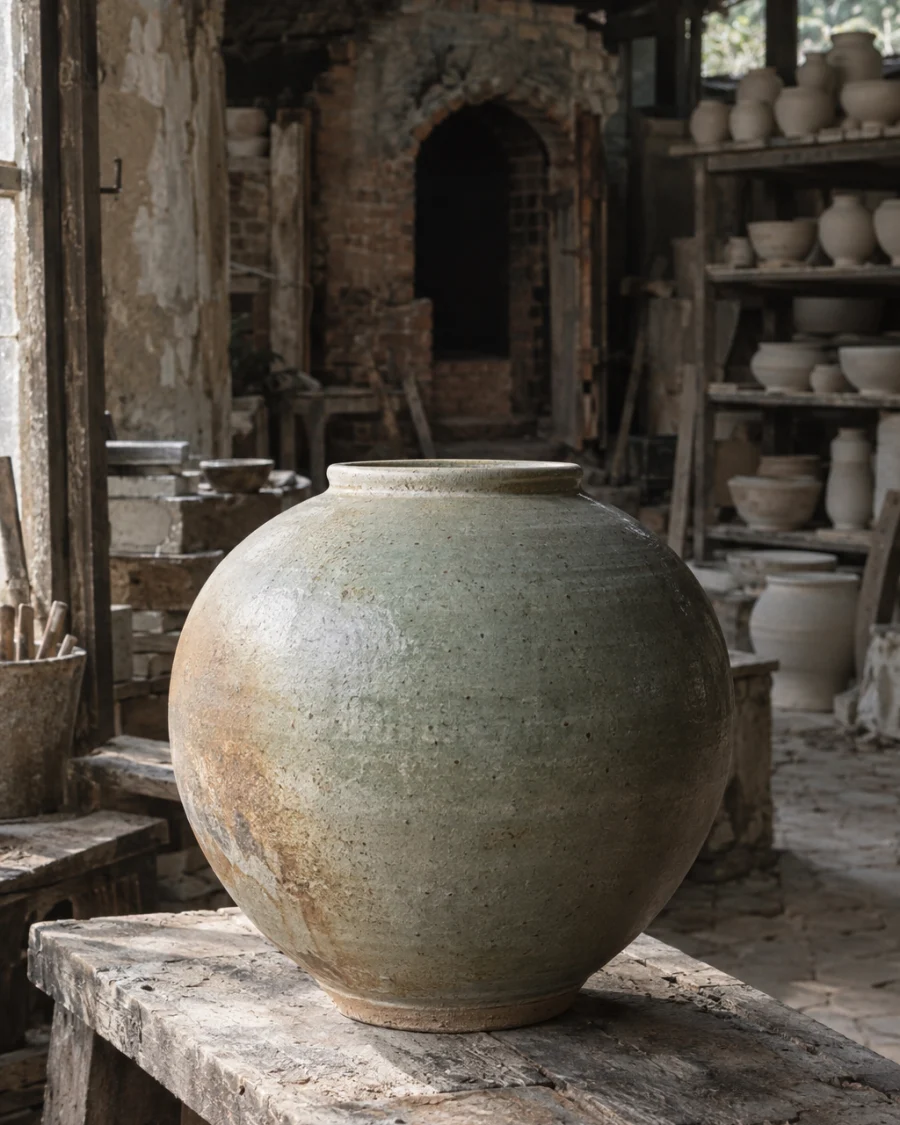 Moon jar, ash glaze: A round moon jar in rice-straw ash glaze, white river clay, soft grey-green with a warm flashed side, on a plank in morning light, in a Bát Tràng pottery workshop, brick kiln door and shelves of bisque ware behind, sage greens and warm greys, by Phạm Văn Đức