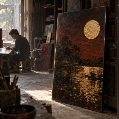 Moon over Hạ Thái: A natural-lacquer panel, a pale crushed-eggshell moon over water of buried gold leaf, twelve wet-sanded layers on a jackfruit-wood board, standing upright against the cabinet, in the Hạ Thái lacquer workshop, dark wooden drying cabinets behind, palette of brown-black, cinnabar and dull gold, by Nguyễn Văn Thái