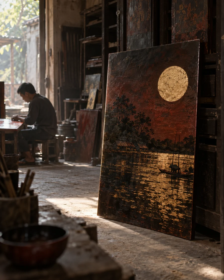Moon over Hạ Thái: A natural-lacquer panel, a pale crushed-eggshell moon over water of buried gold leaf, twelve wet-sanded layers on a jackfruit-wood board, standing upright against the cabinet, in the Hạ Thái lacquer workshop, dark wooden drying cabinets behind, palette of brown-black, cinnabar and dull gold, by Nguyễn Văn Thái