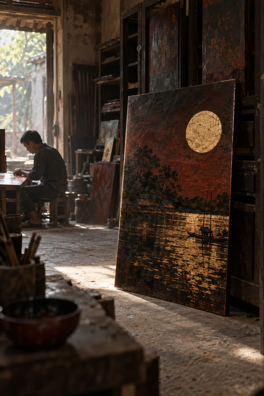 Moon over Hạ Thái: A natural-lacquer panel, a pale crushed-eggshell moon over water of buried gold leaf, twelve wet-sanded layers on a jackfruit-wood board, standing upright against the cabinet, in the Hạ Thái lacquer workshop, dark wooden drying cabinets behind, palette of brown-black, cinnabar and dull gold, by Nguyễn Văn Thái