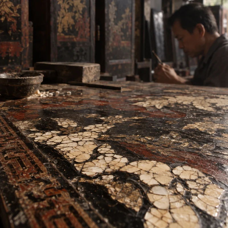 Moon over Hạ Thái, extreme close-up of the crushed-eggshell inlay, cream fragments set in black lacquer, polished flush, in the Hạ Thái lacquer workshop, dark wooden drying cabinets behind, palette of brown-black, cinnabar and dull gold