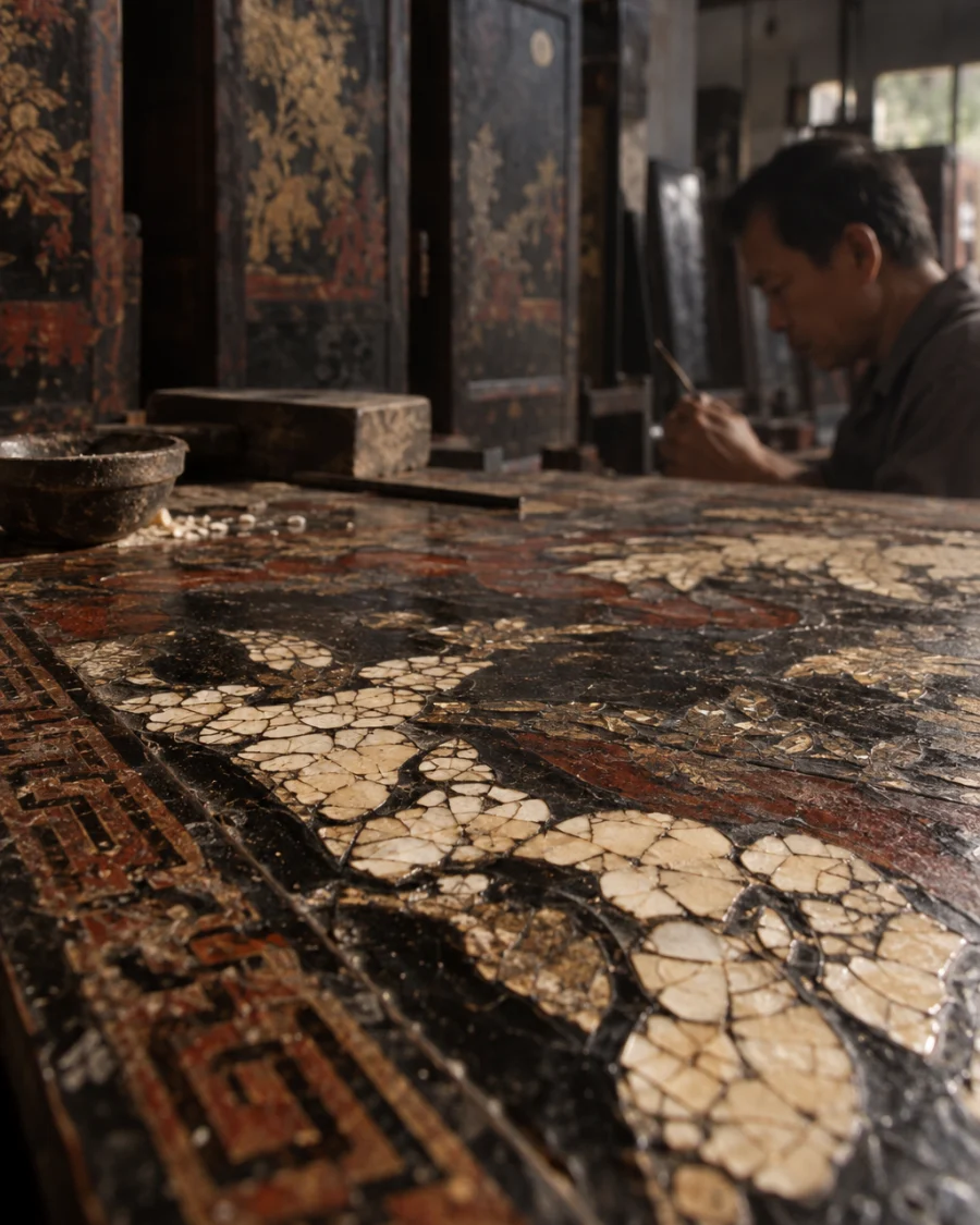 Moon over Hạ Thái, extreme close-up of the crushed-eggshell inlay, cream fragments set in black lacquer, polished flush, in the Hạ Thái lacquer workshop, dark wooden drying cabinets behind, palette of brown-black, cinnabar and dull gold