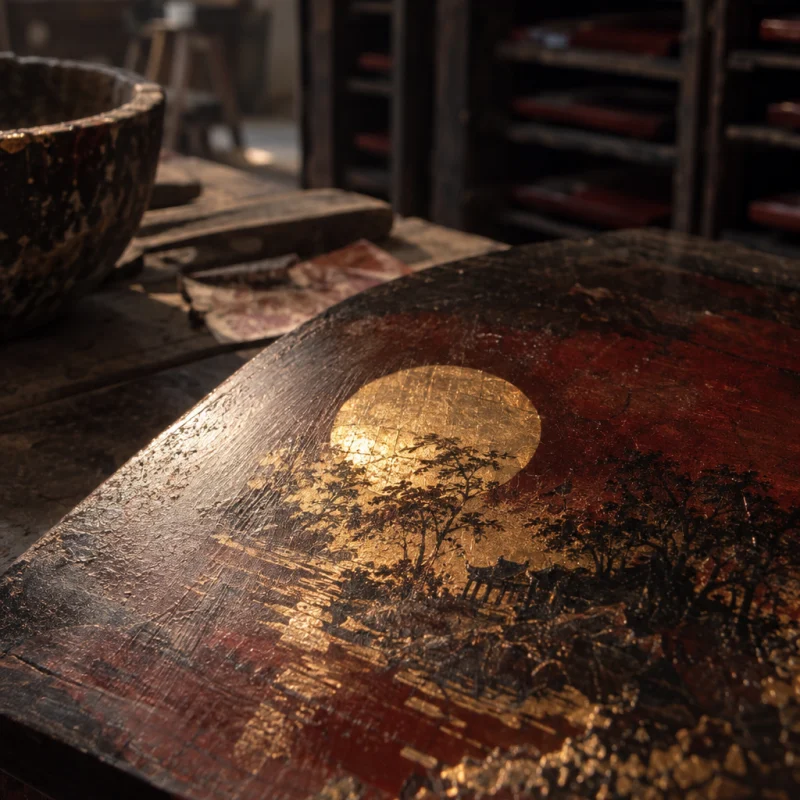 Moon over Hạ Thái, close-up of gold leaf glowing beneath the translucent lacquer, fine sanding marks visible, in the Hạ Thái lacquer workshop, dark wooden drying cabinets behind, palette of brown-black, cinnabar and dull gold