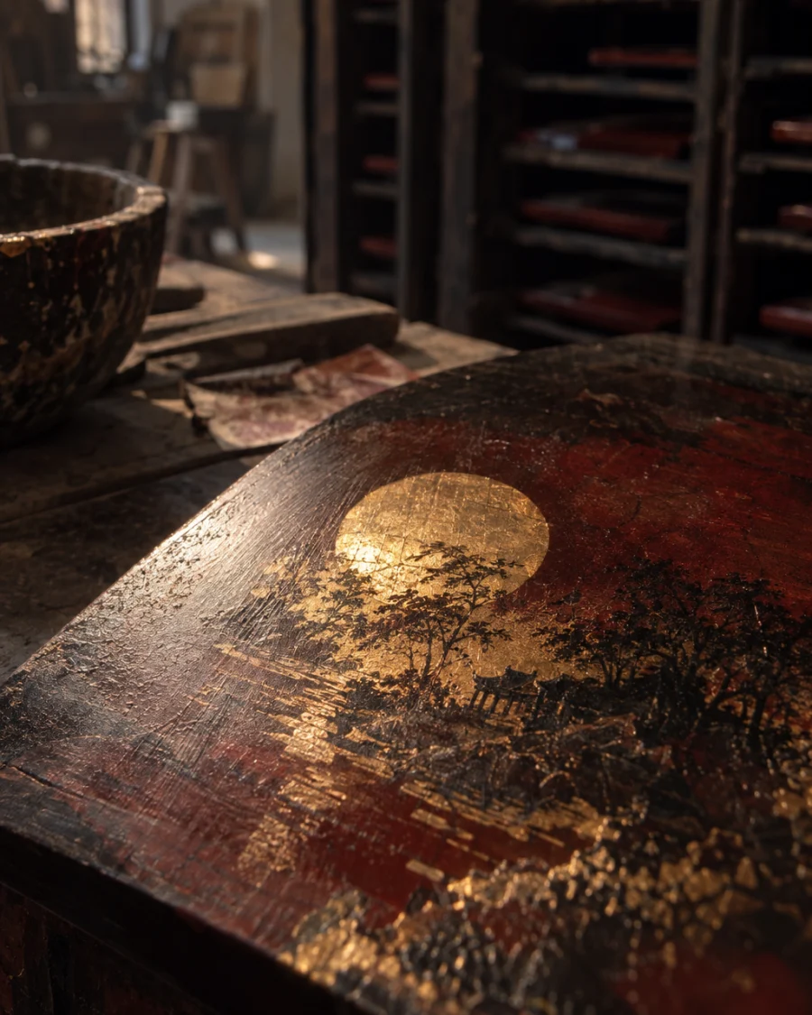 Moon over Hạ Thái, close-up of gold leaf glowing beneath the translucent lacquer, fine sanding marks visible, in the Hạ Thái lacquer workshop, dark wooden drying cabinets behind, palette of brown-black, cinnabar and dull gold