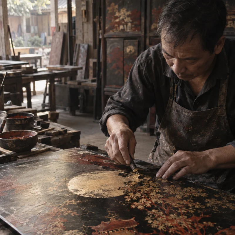Moon over Hạ Thái, the work seen in its wider workshop setting, tools and benches softly out of focus, in the Hạ Thái lacquer workshop, dark wooden drying cabinets behind, palette of brown-black, cinnabar and dull gold