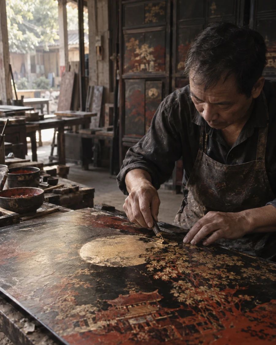 Moon over Hạ Thái, the work seen in its wider workshop setting, tools and benches softly out of focus, in the Hạ Thái lacquer workshop, dark wooden drying cabinets behind, palette of brown-black, cinnabar and dull gold