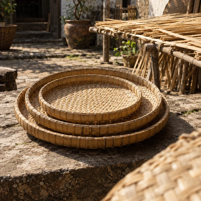 Set of three nesting trays, mat weave, macro of the tight mat weave, pale cane, in a Phú Vinh courtyard, split rattan cane drying on bamboo racks, pale straw and honey tones, whitewashed wall, dappled sun
