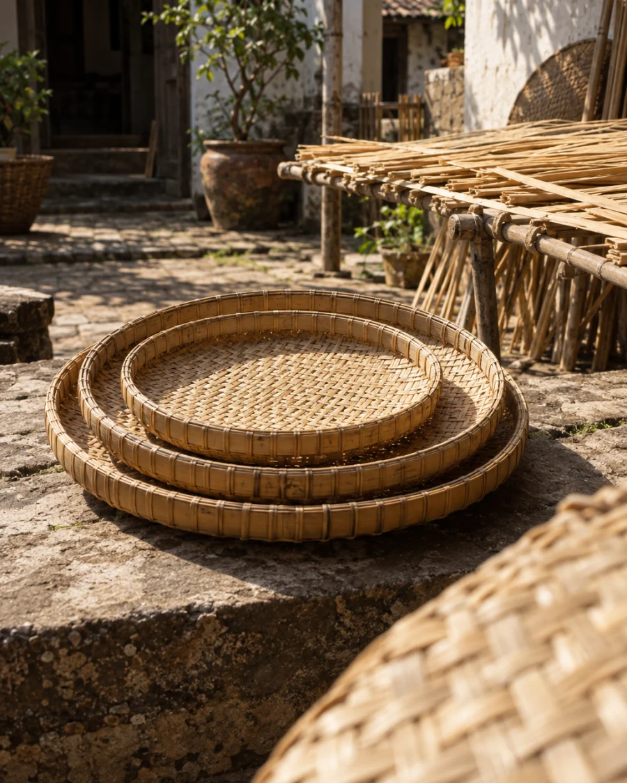 Set of three nesting trays, mat weave, macro of the tight mat weave, pale cane, in a Phú Vinh courtyard, split rattan cane drying on bamboo racks, pale straw and honey tones, whitewashed wall, dappled sun