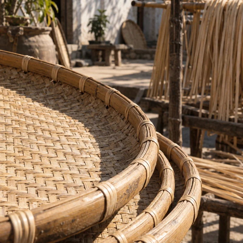 Set of three nesting trays, mat weave, close-up of a bamboo rim bound with cane, in a Phú Vinh courtyard, split rattan cane drying on bamboo racks, pale straw and honey tones, whitewashed wall, dappled sun