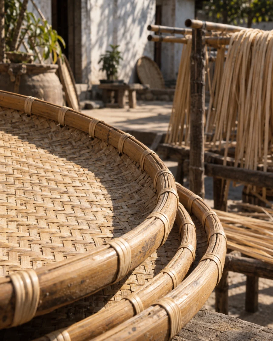 Set of three nesting trays, mat weave, close-up of a bamboo rim bound with cane, in a Phú Vinh courtyard, split rattan cane drying on bamboo racks, pale straw and honey tones, whitewashed wall, dappled sun