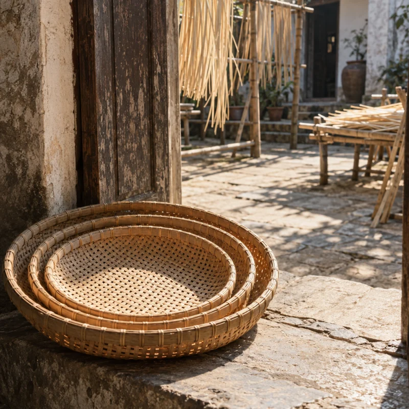 Set of three nesting trays, mat weave, the basket in a sunlit doorway, worn stone step, courtyard beyond, in a Phú Vinh courtyard, split rattan cane drying on bamboo racks, pale straw and honey tones, whitewashed wall, dappled sun