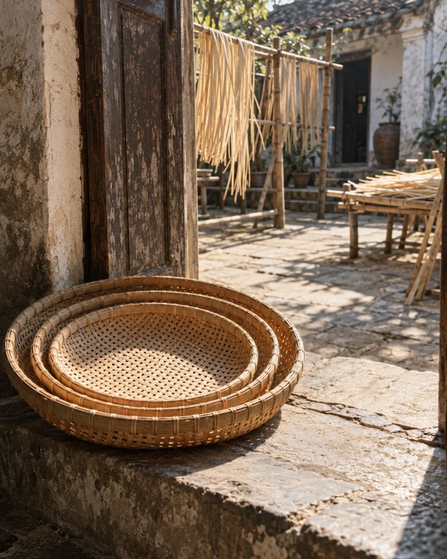 Set of three nesting trays, mat weave, the basket in a sunlit doorway, worn stone step, courtyard beyond, in a Phú Vinh courtyard, split rattan cane drying on bamboo racks, pale straw and honey tones, whitewashed wall, dappled sun