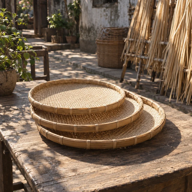 Set of three nesting trays, mat weave: Three nesting rattan trays in a tight mat weave with bamboo rims, stacked and slightly fanned, pale cane, on a courtyard table, in a Phú Vinh courtyard, split rattan cane drying on bamboo racks, pale straw and honey tones, whitewashed wall, dappled sun, by Nguyễn Thị Lan