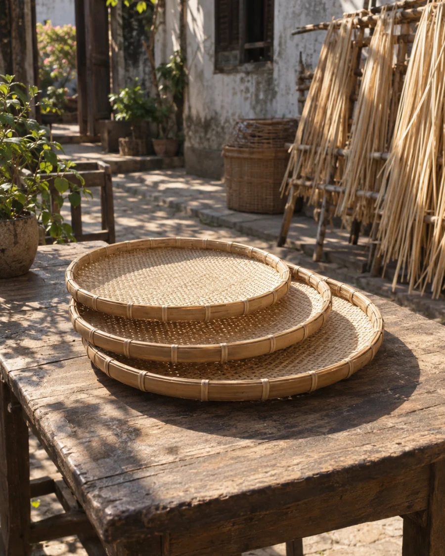 Set of three nesting trays, mat weave: Three nesting rattan trays in a tight mat weave with bamboo rims, stacked and slightly fanned, pale cane, on a courtyard table, in a Phú Vinh courtyard, split rattan cane drying on bamboo racks, pale straw and honey tones, whitewashed wall, dappled sun, by Nguyễn Thị Lan