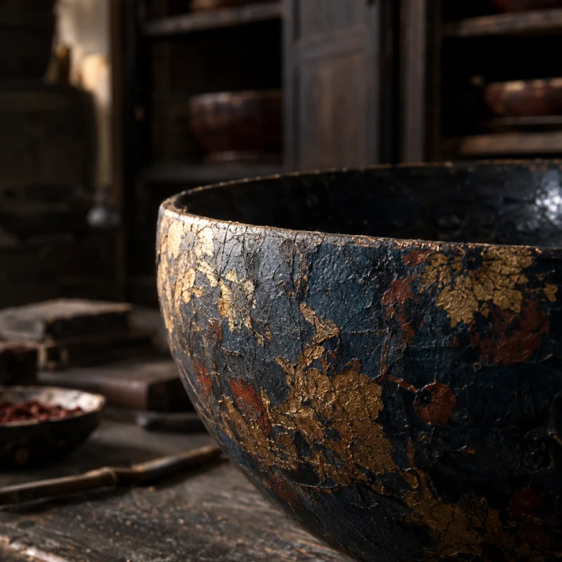 Offering bowl, indigo, macro of the deep indigo lacquer surface, in the Hạ Thái lacquer workshop, dark wooden drying cabinets behind, palette of brown-black, cinnabar and dull gold