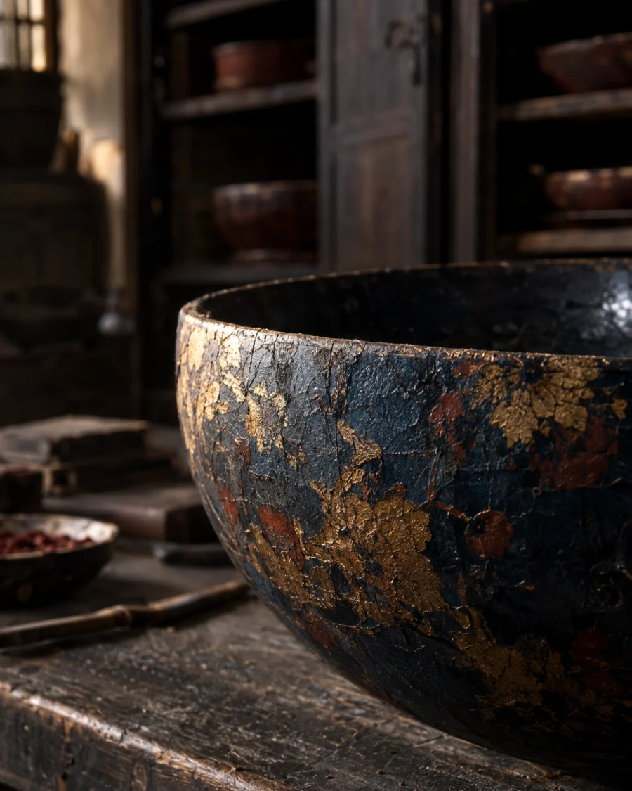 Offering bowl, indigo, macro of the deep indigo lacquer surface, in the Hạ Thái lacquer workshop, dark wooden drying cabinets behind, palette of brown-black, cinnabar and dull gold