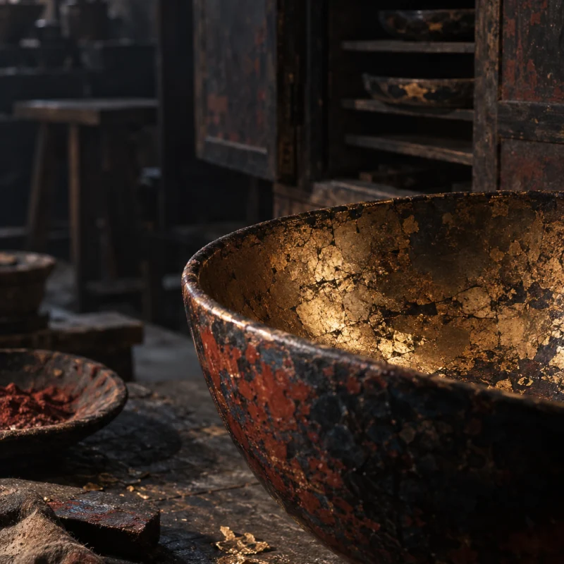 Offering bowl, indigo, close-up of the gold-leaf interior catching the light, in the Hạ Thái lacquer workshop, dark wooden drying cabinets behind, palette of brown-black, cinnabar and dull gold