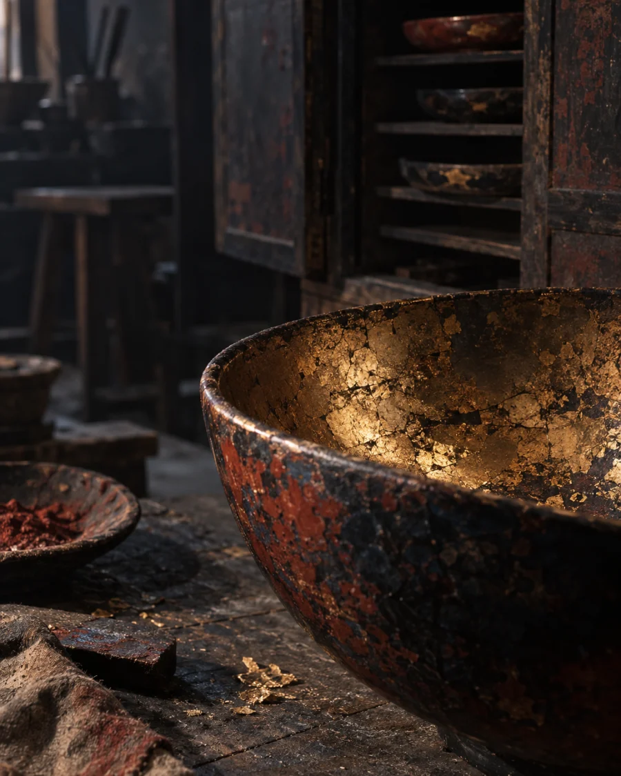 Offering bowl, indigo, close-up of the gold-leaf interior catching the light, in the Hạ Thái lacquer workshop, dark wooden drying cabinets behind, palette of brown-black, cinnabar and dull gold