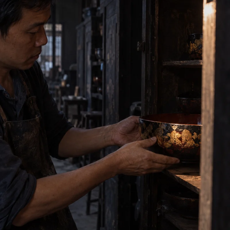 Offering bowl, indigo, the piece inside the dark wooden drying cabinet, door half open, in the Hạ Thái lacquer workshop, dark wooden drying cabinets behind, palette of brown-black, cinnabar and dull gold