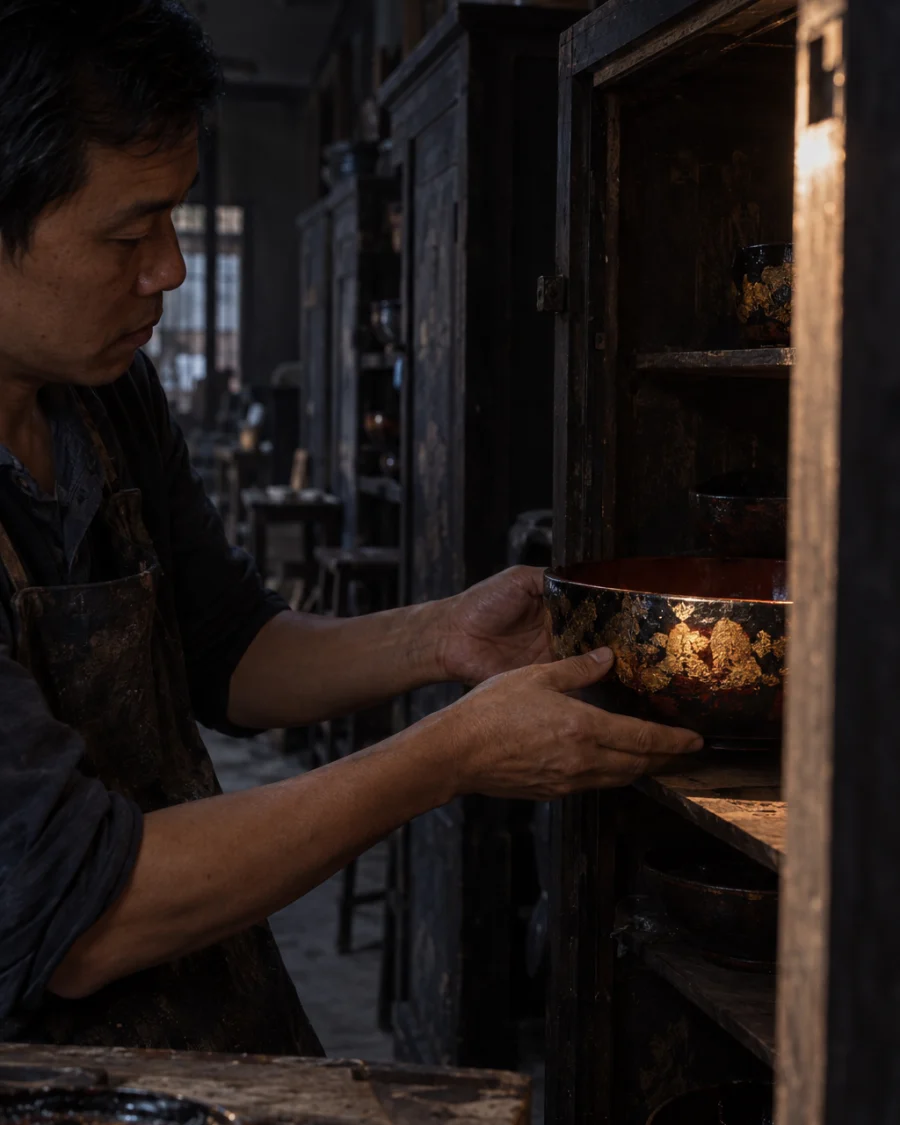 Offering bowl, indigo, the piece inside the dark wooden drying cabinet, door half open, in the Hạ Thái lacquer workshop, dark wooden drying cabinets behind, palette of brown-black, cinnabar and dull gold