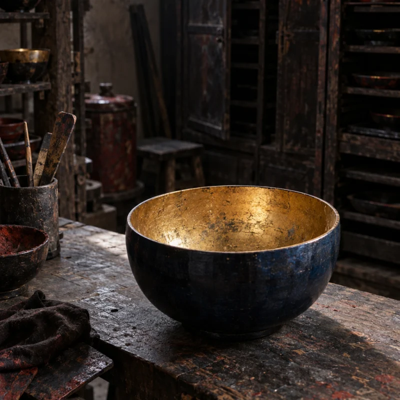 Offering bowl, indigo: A turned wooden offering bowl in deep indigo natural lacquer, the inside lined with gold leaf, seen from above on a dark bench, in the Hạ Thái lacquer workshop, dark wooden drying cabinets behind, palette of brown-black, cinnabar and dull gold, by Nguyễn Văn Thái