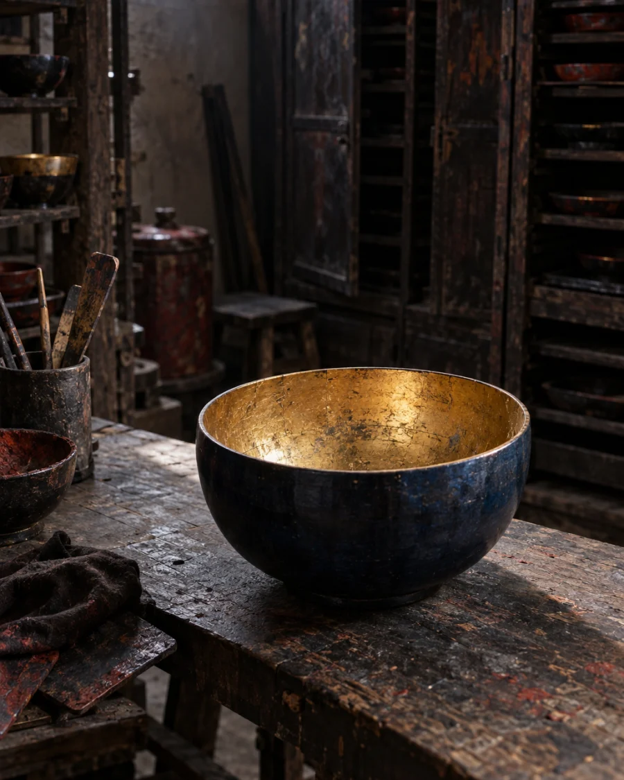 Offering bowl, indigo: A turned wooden offering bowl in deep indigo natural lacquer, the inside lined with gold leaf, seen from above on a dark bench, in the Hạ Thái lacquer workshop, dark wooden drying cabinets behind, palette of brown-black, cinnabar and dull gold, by Nguyễn Văn Thái