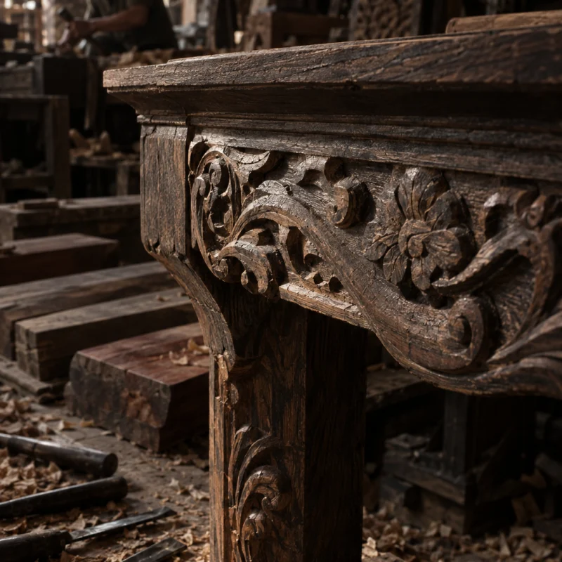 Reading table, carved ironwood, macro of the carved apron, chisel facets in the dark grain, in a Đồng Kỵ carving workshop, ironwood and rosewood planks, chisels and shavings, oiled dark grain, timber-yard light